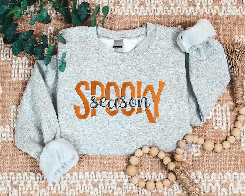 Embroidered Spooky Season Sweatshirt, Retro Halloween Sweaters, Family Matching Trendy Autumn Jumper, Unisex Adults Tops, Halloween Outfits