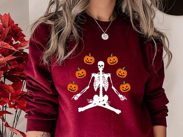 Halloween Sweatshirts, Yoga Skeleton Winking Pumpkins Printed Sweater, Aesthetic Halloween Skeleton Pumpkin Jumper, Unisex Halloween Outfits