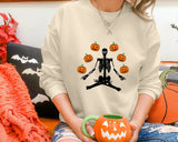 Halloween Sweatshirts, Yoga Skeleton Winking Pumpkins Printed Sweater, Aesthetic Halloween Skeleton Pumpkin Jumper, Unisex Halloween Outfits