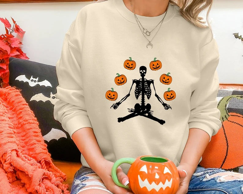 Halloween Sweatshirts, Yoga Skeleton Winking Pumpkins Printed Sweater, Aesthetic Halloween Skeleton Pumpkin Jumper, Unisex Halloween Outfits