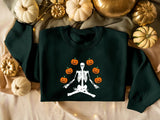 Halloween Sweatshirts, Yoga Skeleton Winking Pumpkins Printed Sweater, Aesthetic Halloween Skeleton Pumpkin Jumper, Unisex Halloween Outfits