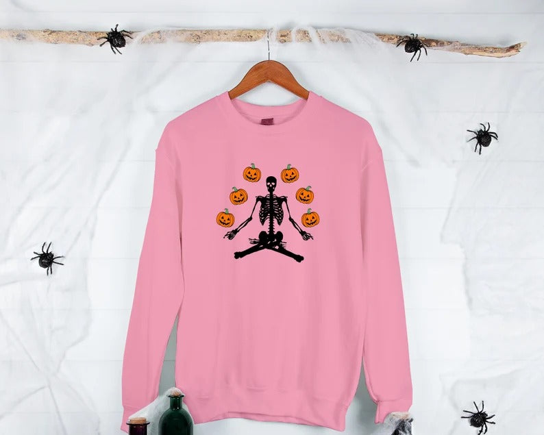 Halloween Sweatshirts, Yoga Skeleton Winking Pumpkins Printed Sweater, Aesthetic Halloween Skeleton Pumpkin Jumper, Unisex Halloween Outfits