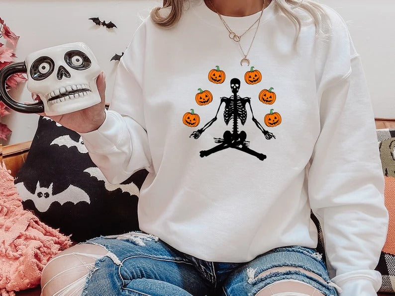 Halloween Sweatshirts, Yoga Skeleton Winking Pumpkins Printed Sweater, Aesthetic Halloween Skeleton Pumpkin Jumper, Unisex Halloween Outfits