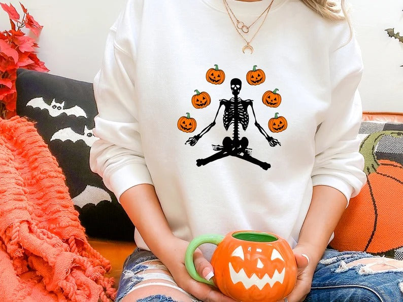 Halloween Sweatshirts, Yoga Skeleton Winking Pumpkins Printed Sweater, Aesthetic Halloween Skeleton Pumpkin Jumper, Unisex Halloween Outfits