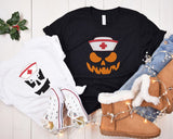 Halloween Nurse Printed Shirt, Winking Pumpkin Group Tee Shirt, Funny Fall Spooky Nurse Life Tees, Pumpkin Face Halloween Matching Outfits