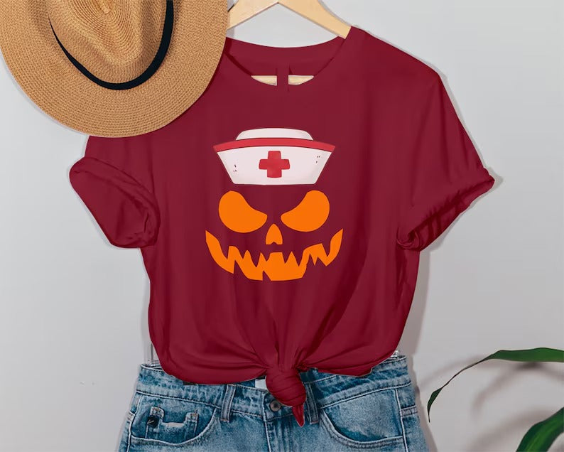 Halloween Nurse Printed Shirt, Winking Pumpkin Group Tee Shirt, Funny Fall Spooky Nurse Life Tees, Pumpkin Face Halloween Matching Outfits