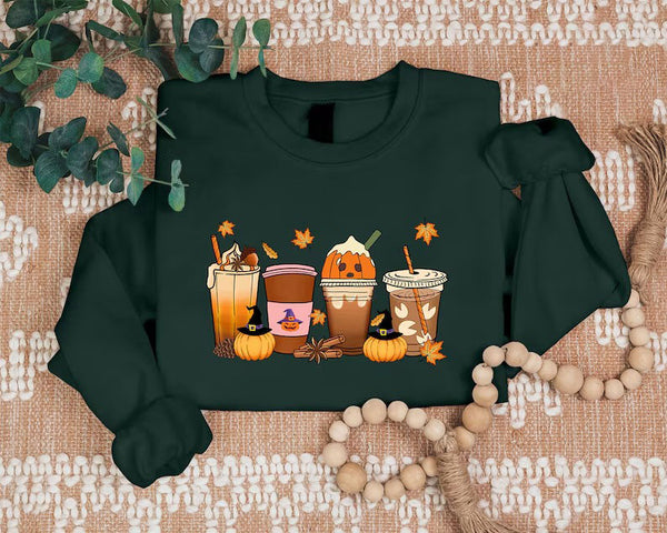 Vintage Halloween Sweatshirt, Halloween Pumpkin Coffee Sweater, Thanksgiving Fall Printed Jumper, Pumpkin Latte Sweater for Halloween Outfit