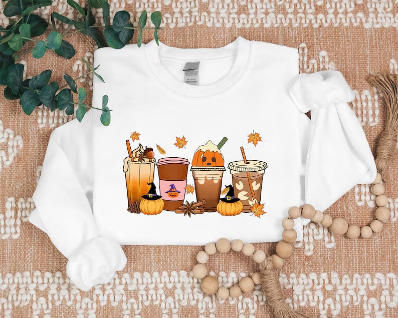 Vintage Halloween Sweatshirt, Halloween Pumpkin Coffee Sweater, Thanksgiving Fall Printed Jumper, Pumpkin Latte Sweater for Halloween Outfit