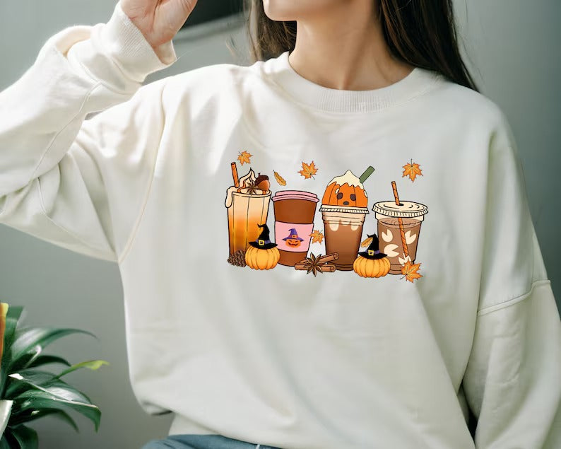 Vintage Halloween Sweatshirt, Halloween Pumpkin Coffee Sweater, Thanksgiving Fall Printed Jumper, Pumpkin Latte Sweater for Halloween Outfit