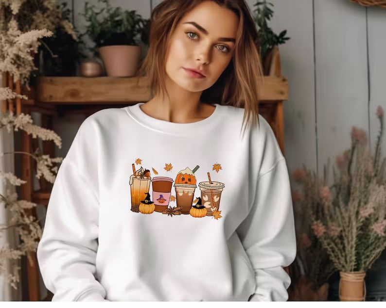 Vintage Halloween Sweatshirt, Halloween Pumpkin Coffee Sweater, Thanksgiving Fall Printed Jumper, Pumpkin Latte Sweater for Halloween Outfit