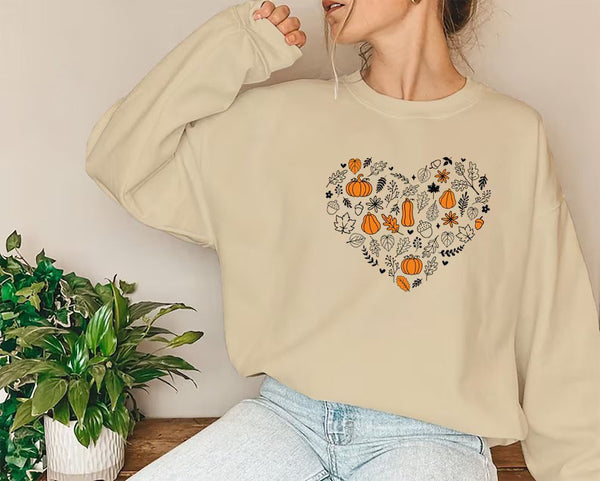 Vintage Fall Pumpkins Sweatshirt, Autumn Leaves Heart Printed Sweater, Halloween Spooky Season Jumper, Thanksgiving Matching Clothing Gifts