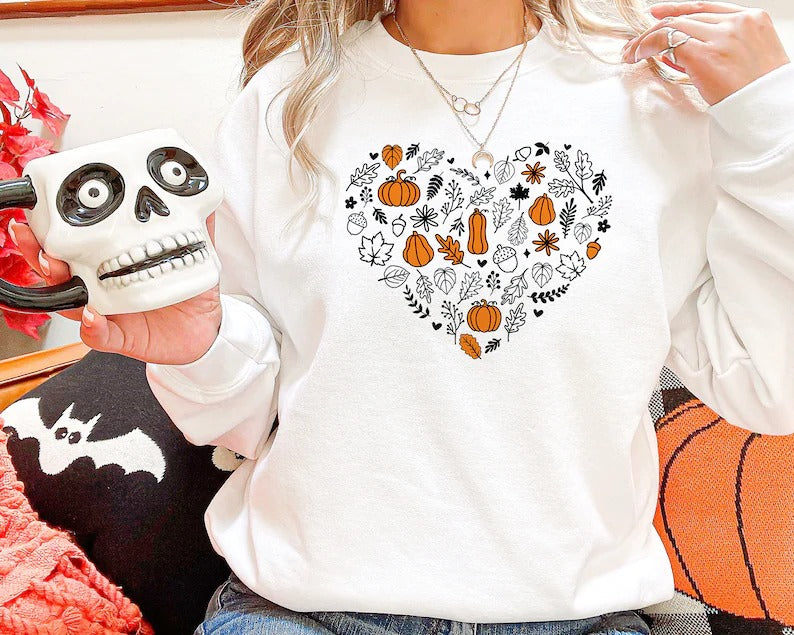 Vintage Fall Pumpkins Sweatshirt, Autumn Leaves Heart Printed Sweater, Halloween Spooky Season Jumper, Thanksgiving Matching Clothing Gifts