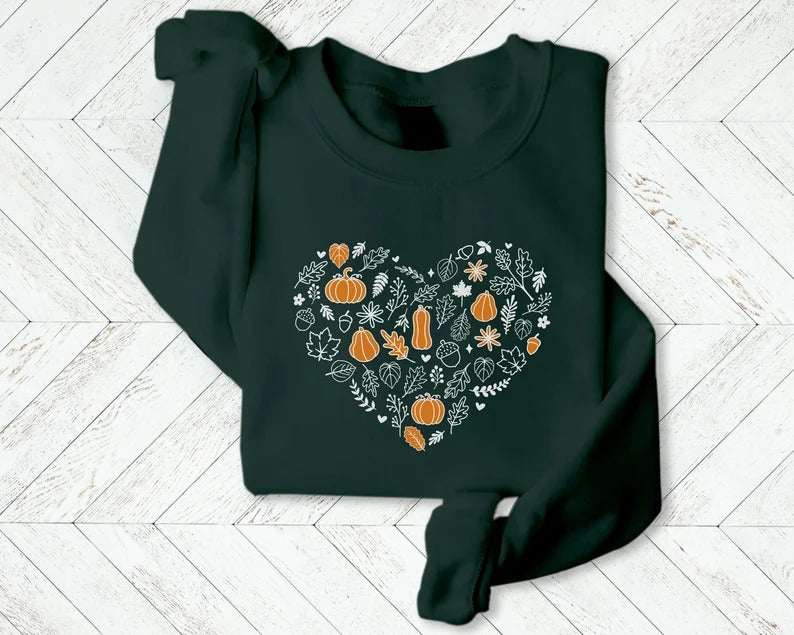 Vintage Fall Pumpkins Sweatshirt, Autumn Leaves Heart Printed Sweater, Halloween Spooky Season Jumper, Thanksgiving Matching Clothing Gifts