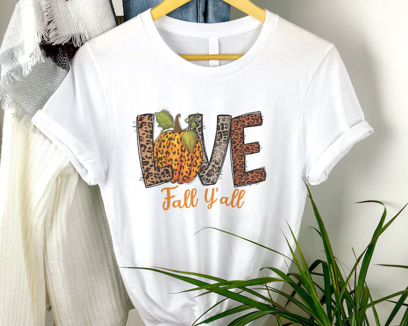 Love Fall Y'All Printed Shirt, Vintage Halloween Pumpkin Tee Shirt, Thanksgiving Peace Love Shirt, Fall Vibes Top, Halloween Clothing Gift