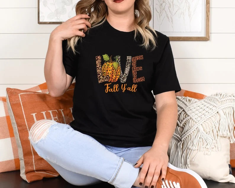 Love Fall Y'All Printed Shirt, Vintage Halloween Pumpkin Tee Shirt, Thanksgiving Peace Love Shirt, Fall Vibes Top, Halloween Clothing Gift