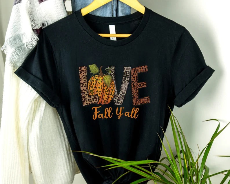 Love Fall Y'All Printed Shirt, Vintage Halloween Pumpkin Tee Shirt, Thanksgiving Peace Love Shirt, Fall Vibes Top, Halloween Clothing Gift