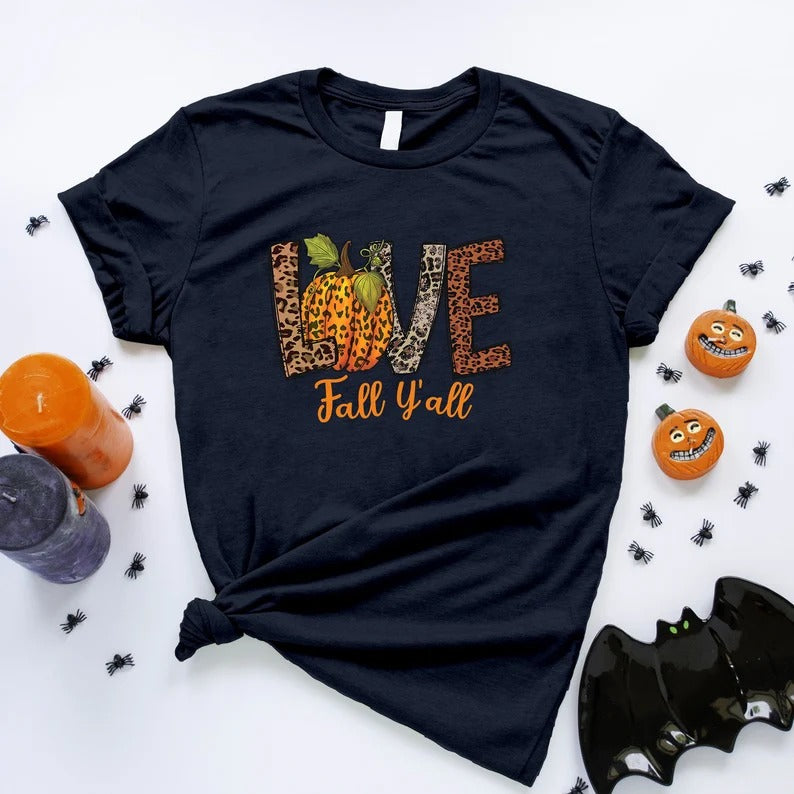 Love Fall Y'All Printed Shirt, Vintage Halloween Pumpkin Tee Shirt, Thanksgiving Peace Love Shirt, Fall Vibes Top, Halloween Clothing Gift