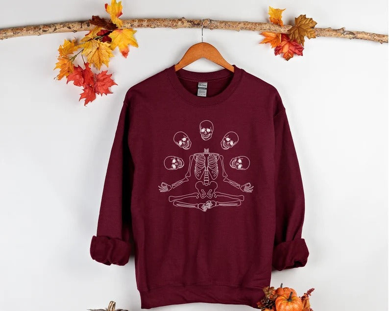 Halloween Skull Skeleton Sweatshirt, Goth Halloween Printed Sweatshirt, Vintage Fall Crewneck Jumper, Spooky Season Sweater, Halloween Gift