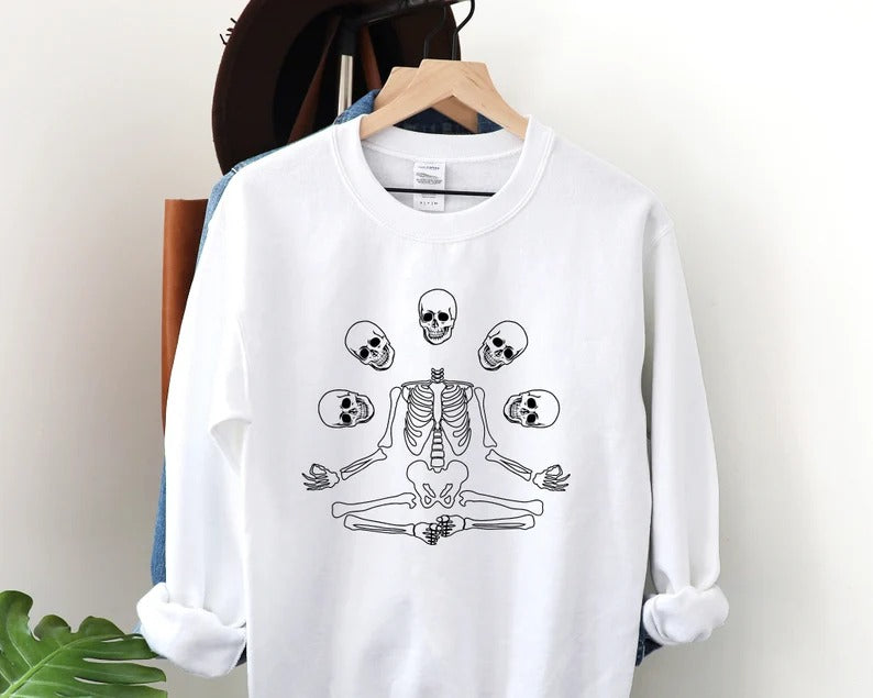 Halloween Skull Skeleton Sweatshirt, Goth Halloween Printed Sweatshirt, Vintage Fall Crewneck Jumper, Spooky Season Sweater, Halloween Gift