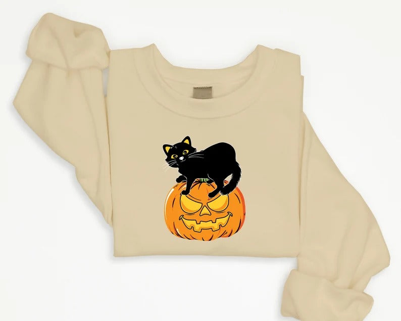 Black Cat on Pumpkin Sweatshirt, Halloween Pumpkin Printed Sweater, Vintage Fall Matching Jumper, Spooky Season Clothing, Halloween Gifts