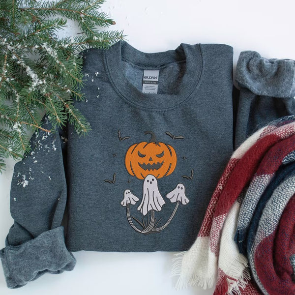 Ghost Embroidered Sweatshirt, Vintage Halloween Pumpkin Spooky Season Sweater, Unisex Comfy Color Crewneck Outfit, Halloween Gift Jumper