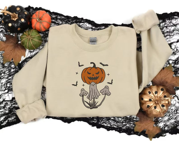 Ghost Embroidered Sweatshirt, Vintage Halloween Pumpkin Spooky Season Sweater, Unisex Comfy Color Crewneck Outfit, Halloween Gift Jumper