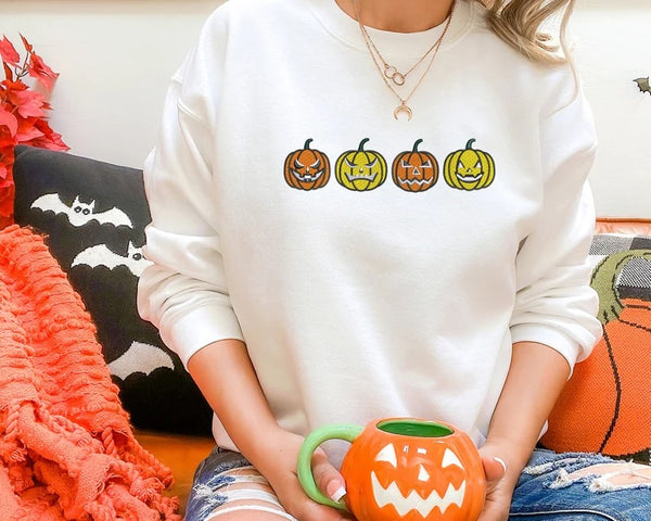 Halloween Jumper, Embroidered Pumpkin Face Halloween Sweatshirt, Autumn Fall Season Vintage Sweater, Comfy Unisex Outfit