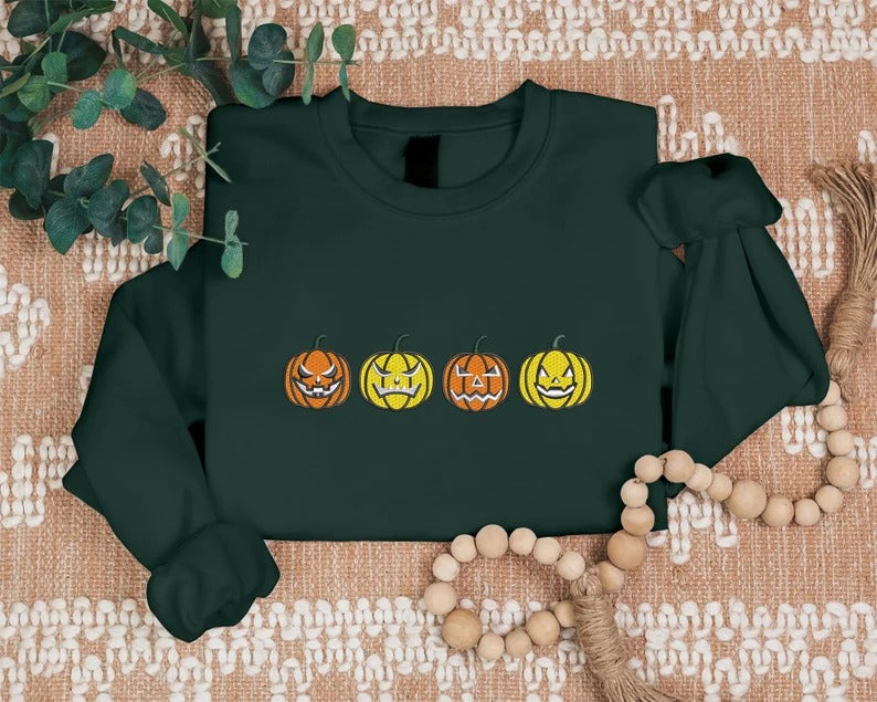 Halloween Jumper, Embroidered Pumpkin Face Halloween Sweatshirt, Autumn Fall Season Vintage Sweater, Comfy Unisex Outfit