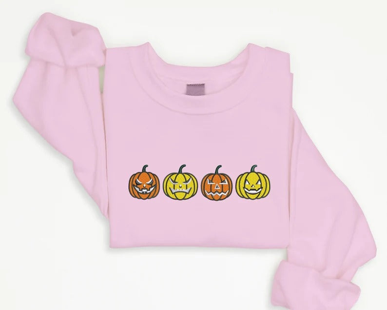 Halloween Jumper, Embroidered Pumpkin Face Halloween Sweatshirt, Autumn Fall Season Vintage Sweater, Comfy Unisex Outfit