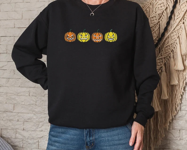 Halloween Jumper, Embroidered Pumpkin Face Halloween Sweatshirt, Autumn Fall Season Vintage Sweater, Comfy Unisex Outfit