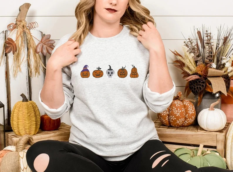 Embroidered Pumpkin Sweatshirt, Fall Unisex Sweatshirt, Pumpkin Patch Spooky Season Sweatshirt, Autumn Ghost Outfits, Halloween Sweatshirt