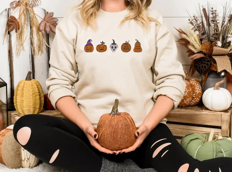 Embroidered Pumpkin Sweatshirt, Fall Unisex Sweatshirt, Pumpkin Patch Spooky Season Sweatshirt, Autumn Ghost Outfits, Halloween Sweatshirt