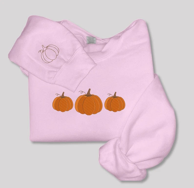 Pumpkin Sweatshirt, Embroidered Autumn Crewneck Jumper, Halloween Sweater, Fall Season Pumpkin Design Embroidery Comfy Top, EmbroideryCrafts