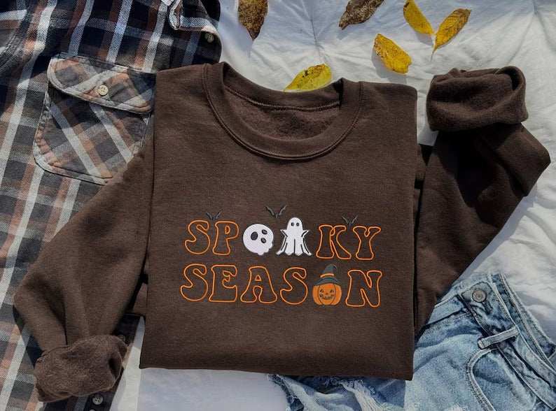 Spooky Season Sweatshirt, Retro Embroidered Halloween Sweaters, Family Matching Trendy Autumn Jumper, Unisex Adults Tops, Halloween Outfits