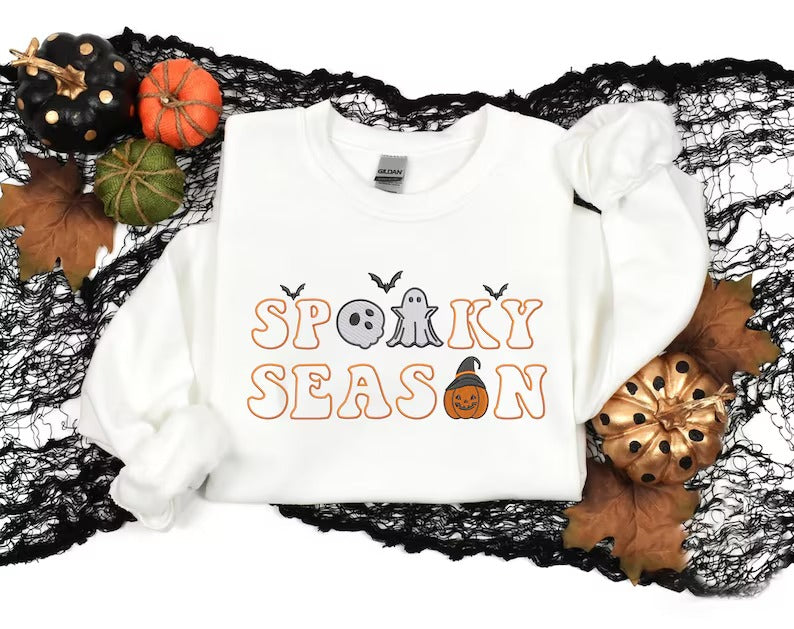 Spooky Season Sweatshirt, Retro Embroidered Halloween Sweaters, Family Matching Trendy Autumn Jumper, Unisex Adults Tops, Halloween Outfits