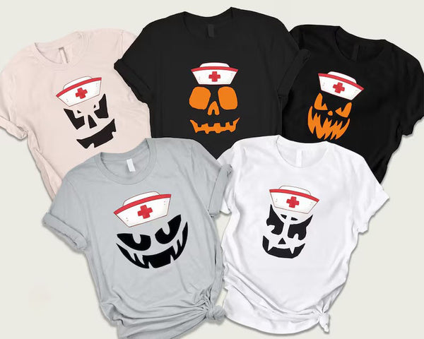 Halloween Nurse Printed Shirt, Winking Pumpkin Group Tee Shirt, Funny Fall Spooky Nurse Life Tees, Pumpkin Face Halloween Matching Outfits