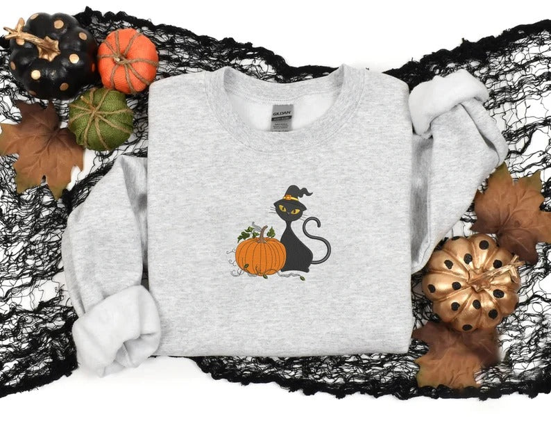 Black Cat Halloween Sweatshirt, Embroidered Cat and Pumpkin Sweater, Spooky Season Jumper, Halloween Party Matching Outfits, Cat Lover Gifts