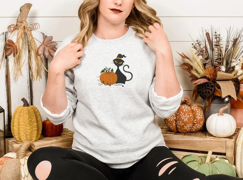 Black Cat Halloween Sweatshirt, Embroidered Cat and Pumpkin Sweater, Spooky Season Jumper, Halloween Party Matching Outfits, Cat Lover Gifts