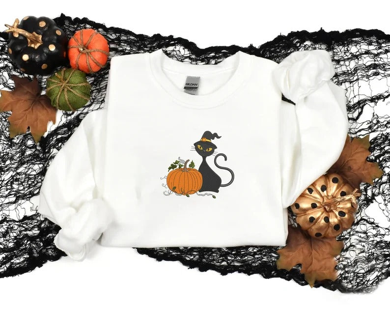 Black Cat Halloween Sweatshirt, Embroidered Cat and Pumpkin Sweater, Spooky Season Jumper, Halloween Party Matching Outfits, Cat Lover Gifts