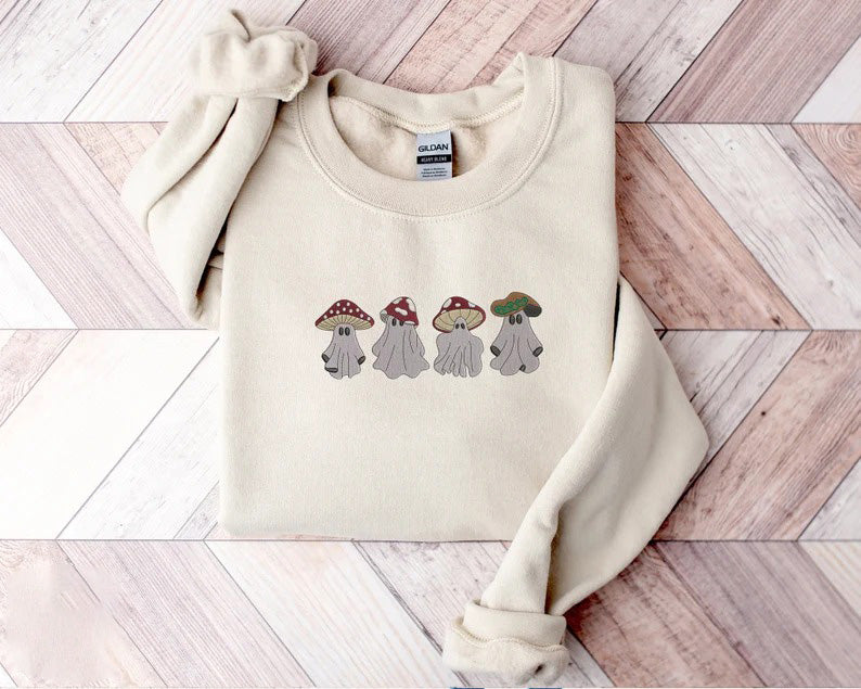 Cute Mushroom Ghost Sweatshirt, Embroidered Halloween Ghost Sweatshirt, Vintage Creepy Mushroom Ghost Jumper, Spooky Season Outfits Gifts