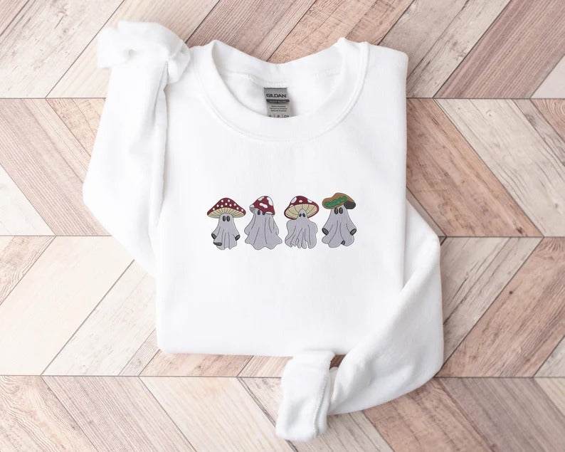 Cute Mushroom Ghost Sweatshirt, Embroidered Halloween Ghost Sweatshirt, Vintage Creepy Mushroom Ghost Jumper, Spooky Season Outfits Gifts