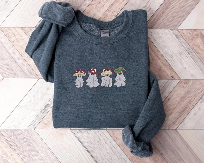 Cute Mushroom Ghost Sweatshirt, Embroidered Halloween Ghost Sweatshirt, Vintage Creepy Mushroom Ghost Jumper, Spooky Season Outfits Gifts