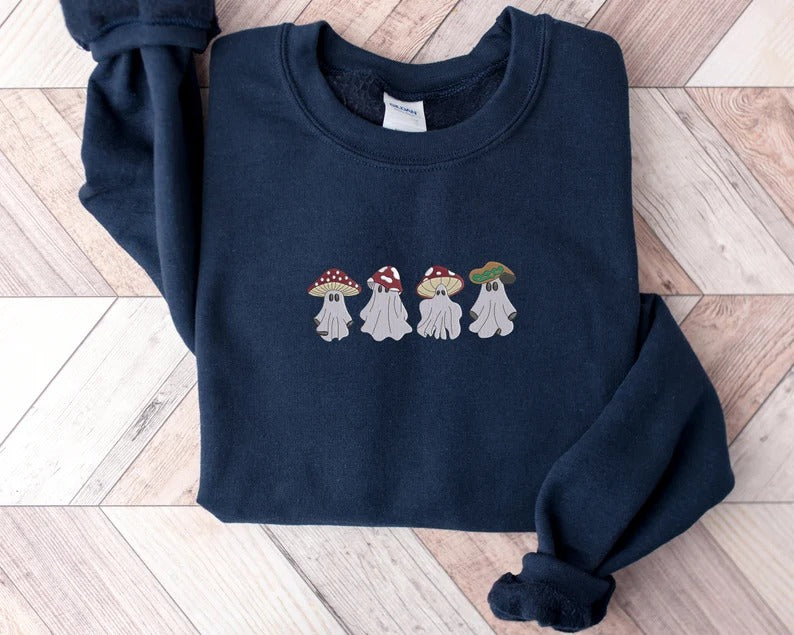 Cute Mushroom Ghost Sweatshirt, Embroidered Halloween Ghost Sweatshirt, Vintage Creepy Mushroom Ghost Jumper, Spooky Season Outfits Gifts