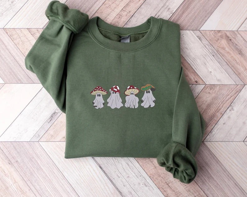 Cute Mushroom Ghost Sweatshirt, Embroidered Halloween Ghost Sweatshirt, Vintage Creepy Mushroom Ghost Jumper, Spooky Season Outfits Gifts