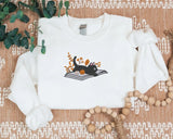 Halloween Black Cat Sweatshirt, Embroidered Vintage Fall Sweater, Cat Lying on Book Jumper, Fall Pumpkin Outfits, Halloween Gift for Hubby