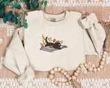 Halloween Black Cat Sweatshirt, Embroidered Vintage Fall Sweater, Cat Lying on Book Jumper, Fall Pumpkin Outfits, Halloween Gift for Hubby