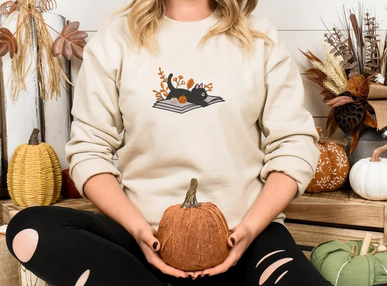 Halloween Black Cat Sweatshirt, Embroidered Vintage Fall Sweater, Cat Lying on Book Jumper, Fall Pumpkin Outfits, Halloween Gift for Hubby