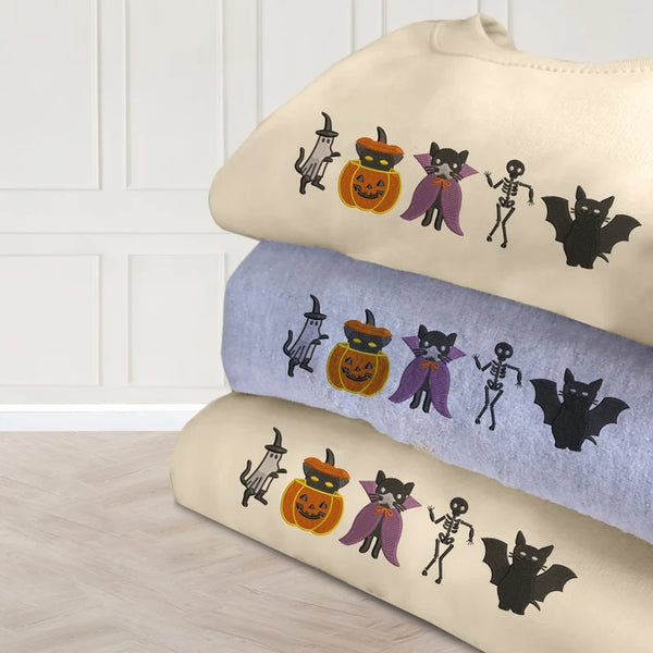 Embroidered Halloween Cats Sweatshirt, Cute Autumn Fall Sweater, Ghosts Cats Halloween Jumper, Cat Lover Gifts, Cat Sweater, Halloween Gifts