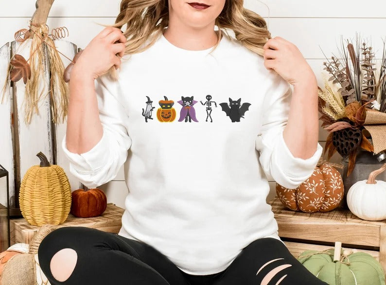 Embroidered Halloween Cats Sweatshirt, Cute Autumn Fall Sweater, Ghosts Cats Halloween Jumper, Cat Lover Gifts, Cat Sweater, Halloween Gifts