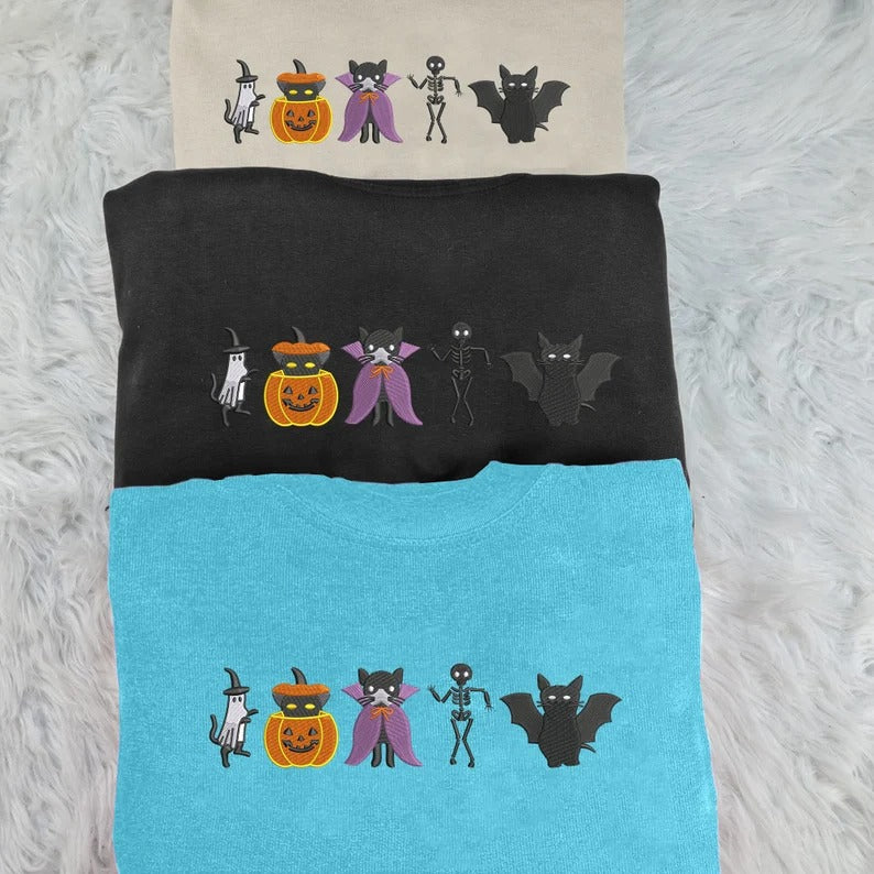 Embroidered Halloween Cats Sweatshirt, Cute Autumn Fall Sweater, Ghosts Cats Halloween Jumper, Cat Lover Gifts, Cat Sweater, Halloween Gifts